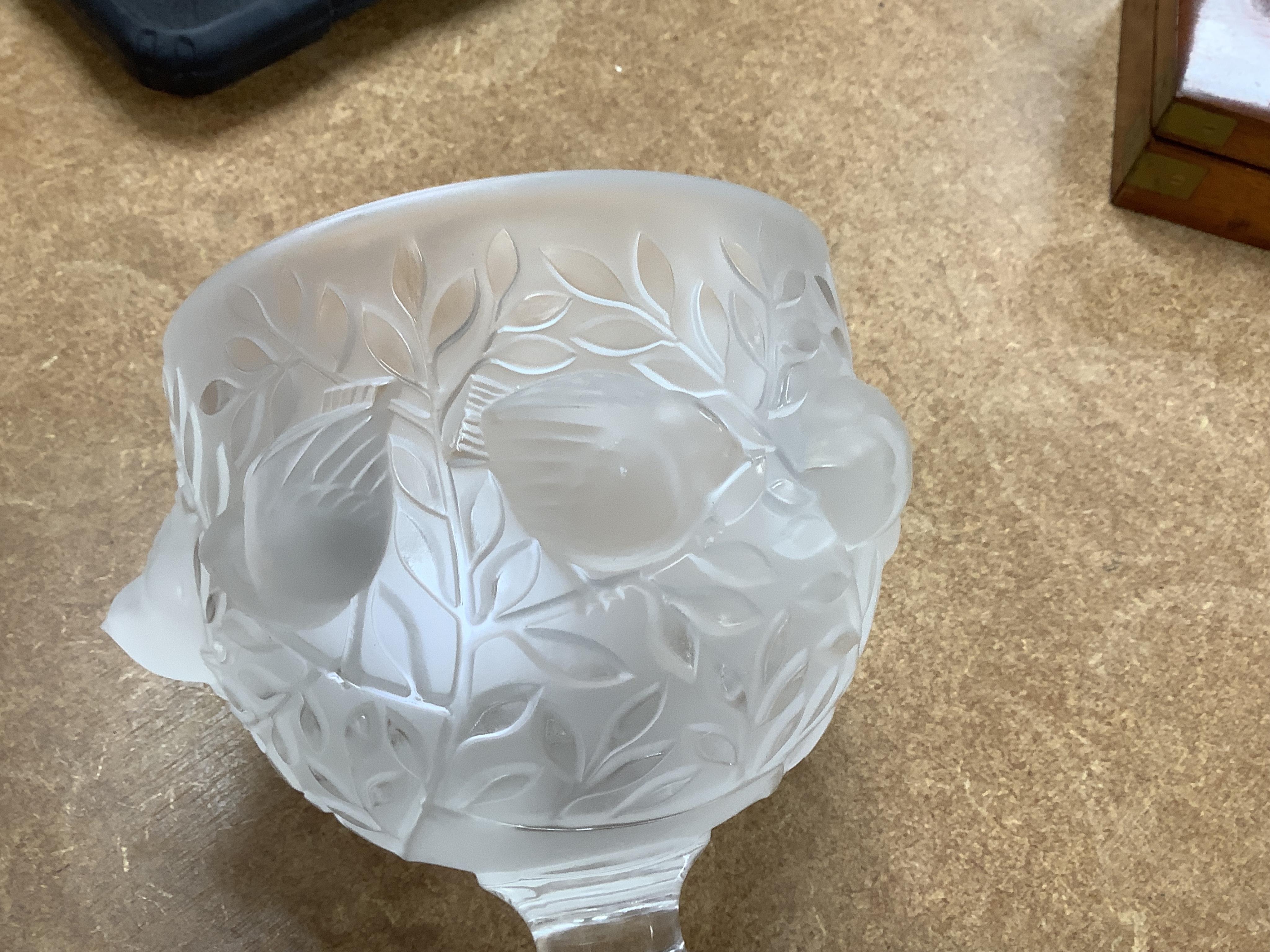 Three lalique glass pieces comprising an 'Elisabeth' vase, a 'Compiegne' dish and a 'Nugent' bowl, each signed, largest 19cm wide